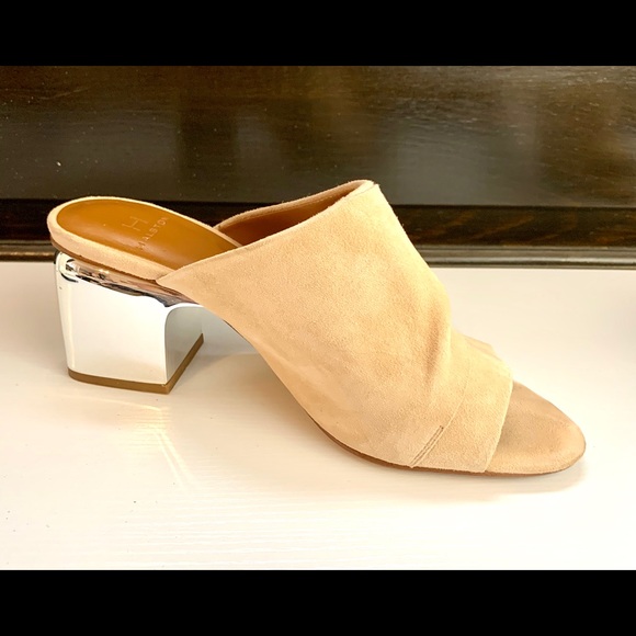 H HALSTON Nude Suede Mirrored Block Heel Slides - Picture 4 of 8